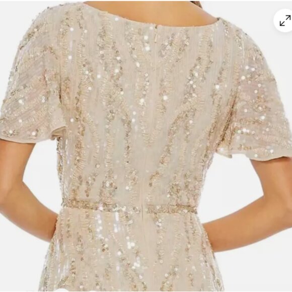 MAC DUGGAL 93591 SEQUINED V-NECK FLUTTER SLEEVE TEA LENGTH OYSTER SHEAT DRESS 8 - Picture 4 of 5